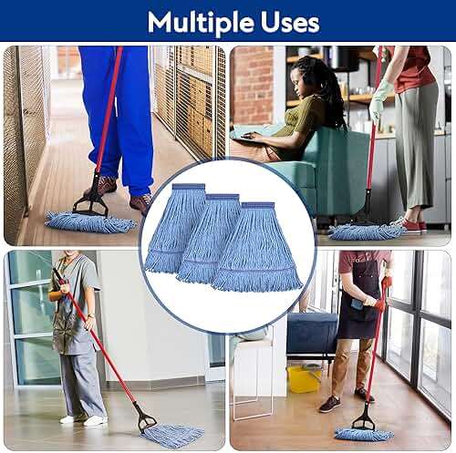 Matthew Cleaning Heavy Duty Mop Head Commercial Replacement for General and Floor Cleaning , Wet Industrial Blue Cotton Looped End String Head Refill (Pack of 3) Blue - Image 5