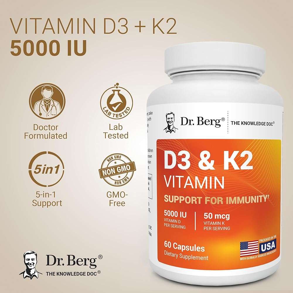 Dr. Berg Maximum Strength 7-in-1 Vitamin D3 K2 5000 IU | Naturally Derived D3 | 4X Lab-Tested & Verified | High Absorption Formula | K2 D3 Vitamin Supplement | 60 Capsules - Image 2