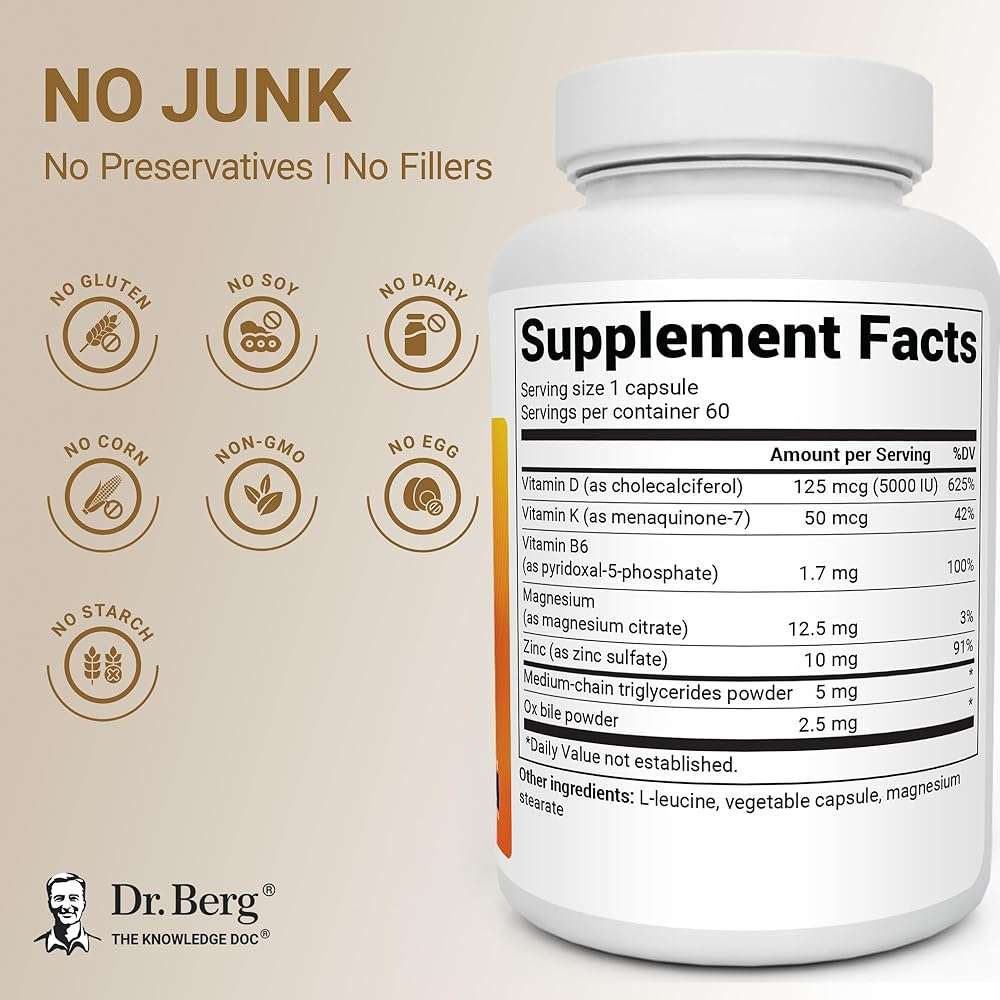 Dr. Berg Maximum Strength 7-in-1 Vitamin D3 K2 5000 IU | Naturally Derived D3 | 4X Lab-Tested & Verified | High Absorption Formula | K2 D3 Vitamin Supplement | 60 Capsules - Image 3