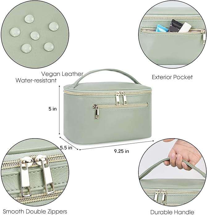 Wandering Nature Makeup Bag, Travel Make Up Organizer Cosmetic Brush Bags Case for Women in Vegan Leather, Sage Green, Patent Pending - Image 5