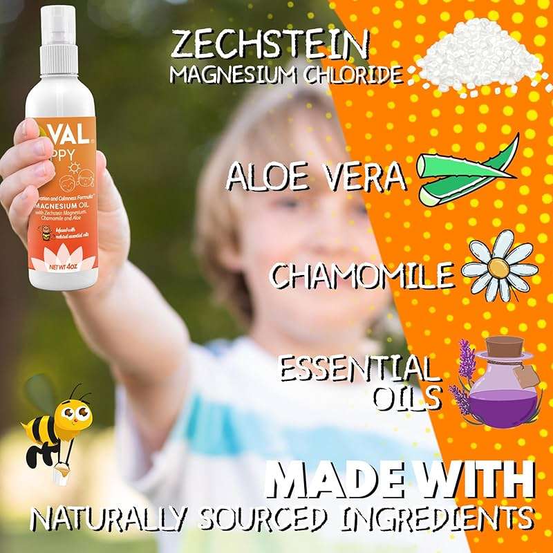 VAL Kids Magnesium Oil Spray – Natural Bedtime Calm & Mood Support | Zechstein Magnesium, Chamomile & Aloe | No Itch | Fast-Absorbing | Made in USA | 4oz - Image 3