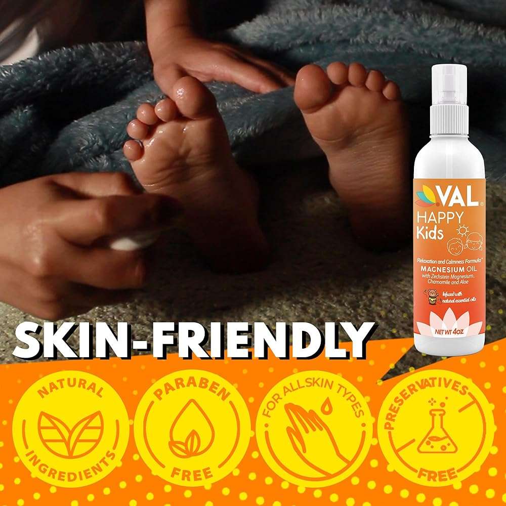 VAL Kids Magnesium Oil Spray – Natural Bedtime Calm & Mood Support | Zechstein Magnesium, Chamomile & Aloe | No Itch | Fast-Absorbing | Made in USA | 4oz - Image 4