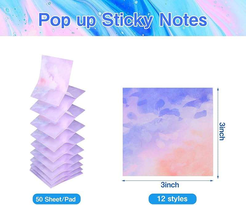 12 Pads Pop up Sticky Notes, 3x3 Cute Gradient Watercolor Self Stick Notes Pads, Multi Color Super Adhesive Memo Pads Refills, Easy to Post Paper Home Office Notebooks Supplies Accessories - Image 3