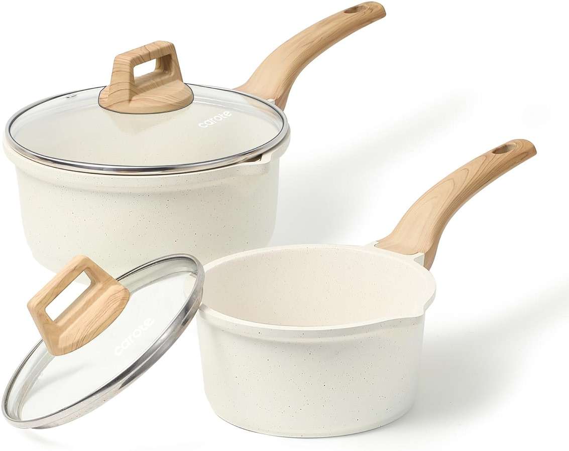 CAROTE 1.5Qt & 3.0Qt Sauce Pan Sets with Lid Cooking Pots Nonstick Saucepans Cookware Set with Pour Spout Small Kitchen Pot, Induction Comptable, Easy to Clean, PFOA FREE (White Granite) - Image 1