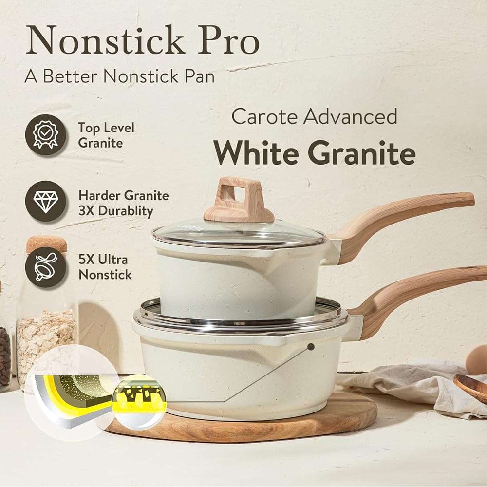 CAROTE 1.5Qt & 3.0Qt Sauce Pan Sets with Lid Cooking Pots Nonstick Saucepans Cookware Set with Pour Spout Small Kitchen Pot, Induction Comptable, Easy to Clean, PFOA FREE (White Granite) - Image 3
