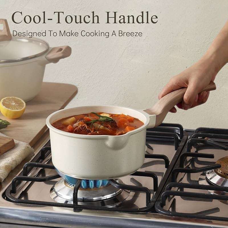 CAROTE 1.5Qt & 3.0Qt Sauce Pan Sets with Lid Cooking Pots Nonstick Saucepans Cookware Set with Pour Spout Small Kitchen Pot, Induction Comptable, Easy to Clean, PFOA FREE (White Granite) - Image 6