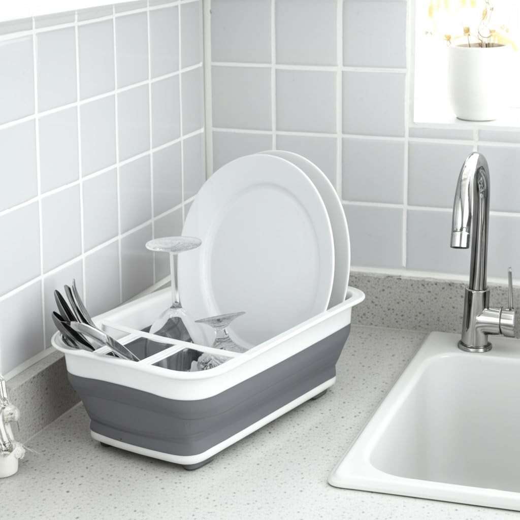Collapsible Dish Drying Rack, Foldable Dinnerware Drainer Organizer | Space-saving plastic kitchen storage organizer. Compact folding dish drainboard perfect for RVs, camping & small countertops. - Image 2