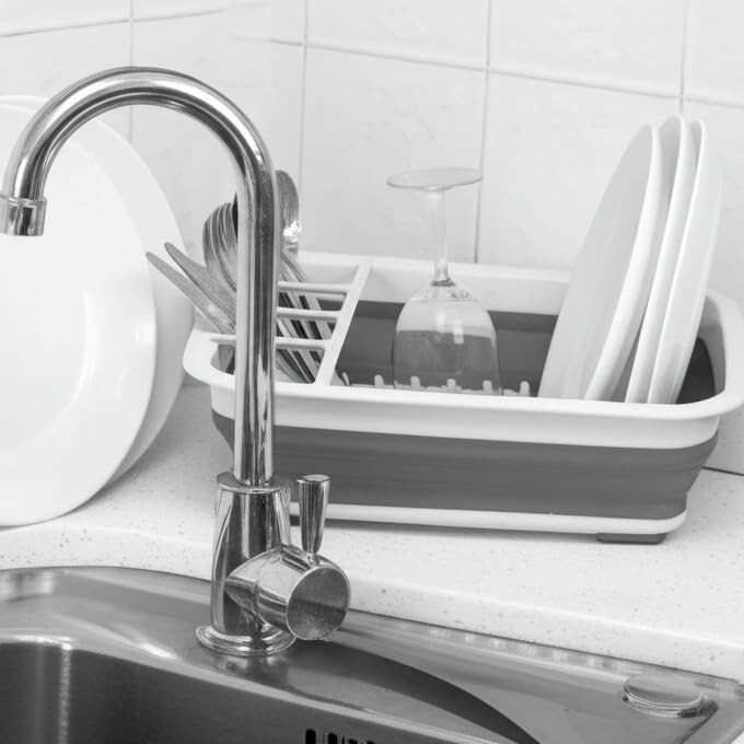 Collapsible Dish Drying Rack, Foldable Dinnerware Drainer Organizer | Space-saving plastic kitchen storage organizer. Compact folding dish drainboard perfect for RVs, camping & small countertops. - Image 3