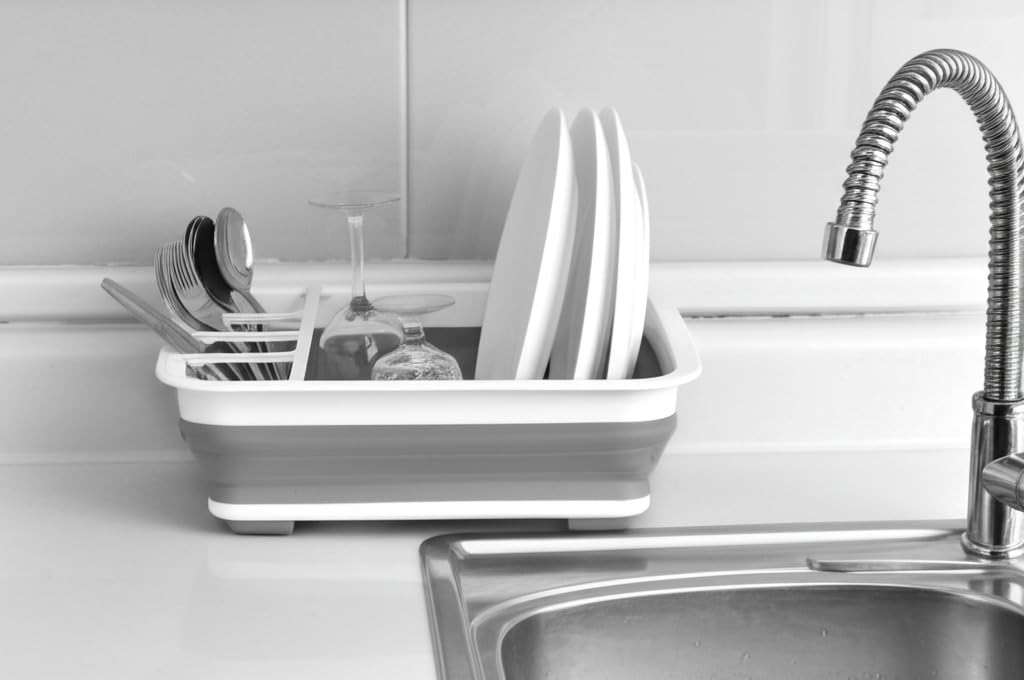 Collapsible Dish Drying Rack, Foldable Dinnerware Drainer Organizer | Space-saving plastic kitchen storage organizer. Compact folding dish drainboard perfect for RVs, camping & small countertops. - Image 4