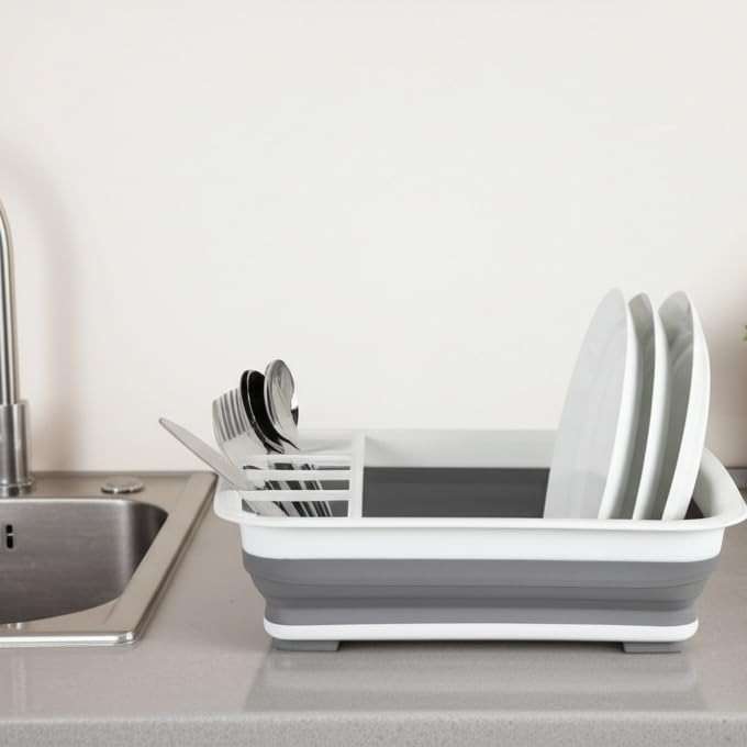 Collapsible Dish Drying Rack, Foldable Dinnerware Drainer Organizer | Space-saving plastic kitchen storage organizer. Compact folding dish drainboard perfect for RVs, camping & small countertops. - Image 6