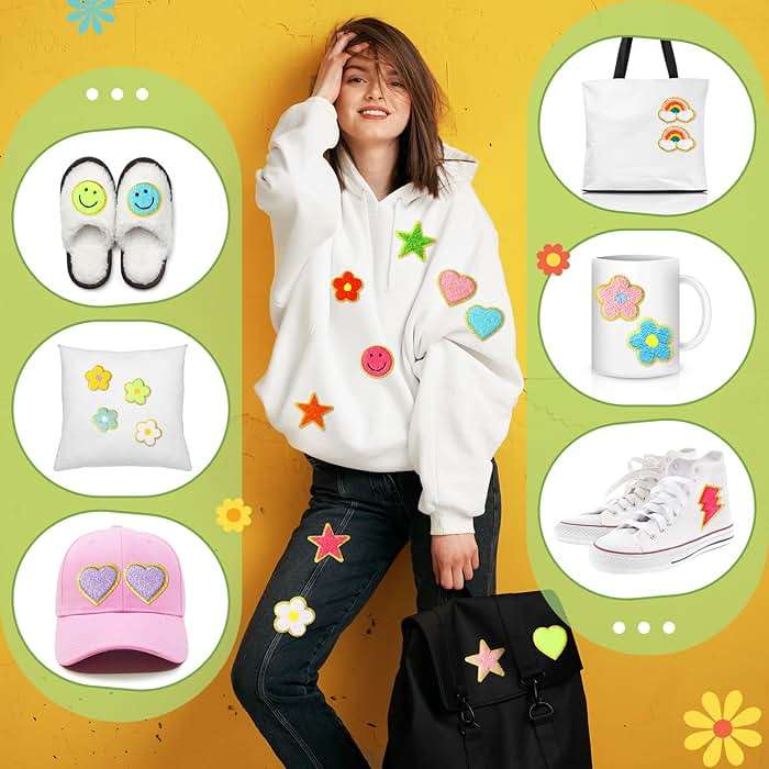 Yilloog 50 Pcs Self Adhesive Chenille Letter Patches Paw Print Smile Face Heart Patch Preppy Sticker Rainbow Sew on Sticker for Clothing Hats Bags Jackets Jeans(Colorful Style,Rainbow Color) - Image 3