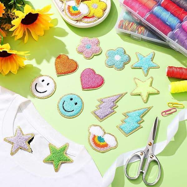 Yilloog 50 Pcs Self Adhesive Chenille Letter Patches Paw Print Smile Face Heart Patch Preppy Sticker Rainbow Sew on Sticker for Clothing Hats Bags Jackets Jeans(Colorful Style,Rainbow Color) - Image 4