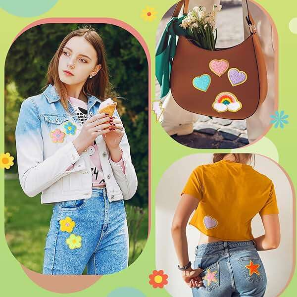 Yilloog 50 Pcs Self Adhesive Chenille Letter Patches Paw Print Smile Face Heart Patch Preppy Sticker Rainbow Sew on Sticker for Clothing Hats Bags Jackets Jeans(Colorful Style,Rainbow Color) - Image 5