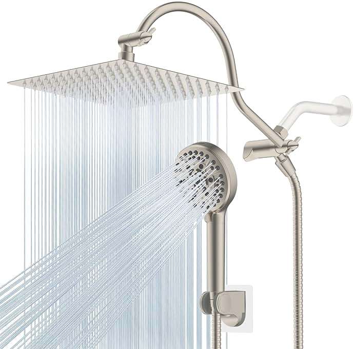 Hibbent 12'' All Metal Shower Head, High Pressure Rainfall Shower Head/Handheld Showerhead Combo/ 12'' Adjustable Curved Shower Extension Arm, 10-Spray, 71'' Adhesive Showerhead Holder, Brushed Nickel - Image 1