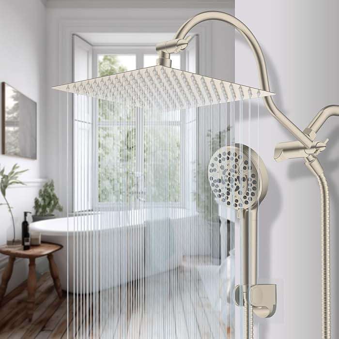 Hibbent 12'' All Metal Shower Head, High Pressure Rainfall Shower Head/Handheld Showerhead Combo/ 12'' Adjustable Curved Shower Extension Arm, 10-Spray, 71'' Adhesive Showerhead Holder, Brushed Nickel - Image 2