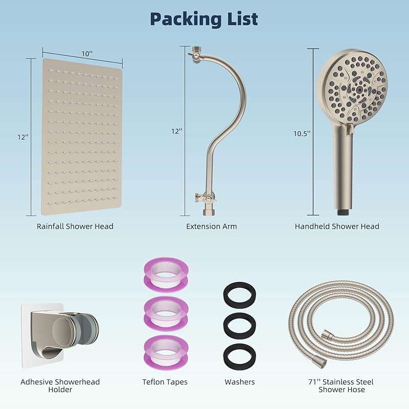 Hibbent 12'' All Metal Shower Head, High Pressure Rainfall Shower Head/Handheld Showerhead Combo/ 12'' Adjustable Curved Shower Extension Arm, 10-Spray, 71'' Adhesive Showerhead Holder, Brushed Nickel - Image 3
