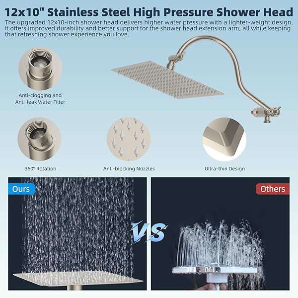 Hibbent 12'' All Metal Shower Head, High Pressure Rainfall Shower Head/Handheld Showerhead Combo/ 12'' Adjustable Curved Shower Extension Arm, 10-Spray, 71'' Adhesive Showerhead Holder, Brushed Nickel - Image 6