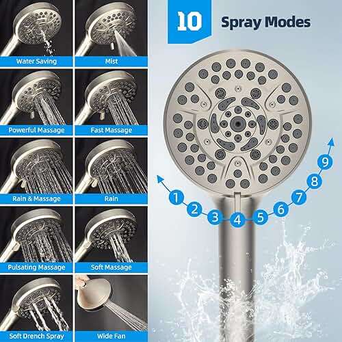 Hibbent 12'' All Metal Shower Head, High Pressure Rainfall Shower Head/Handheld Showerhead Combo/ 12'' Adjustable Curved Shower Extension Arm, 10-Spray, 71'' Adhesive Showerhead Holder, Brushed Nickel - Image 7