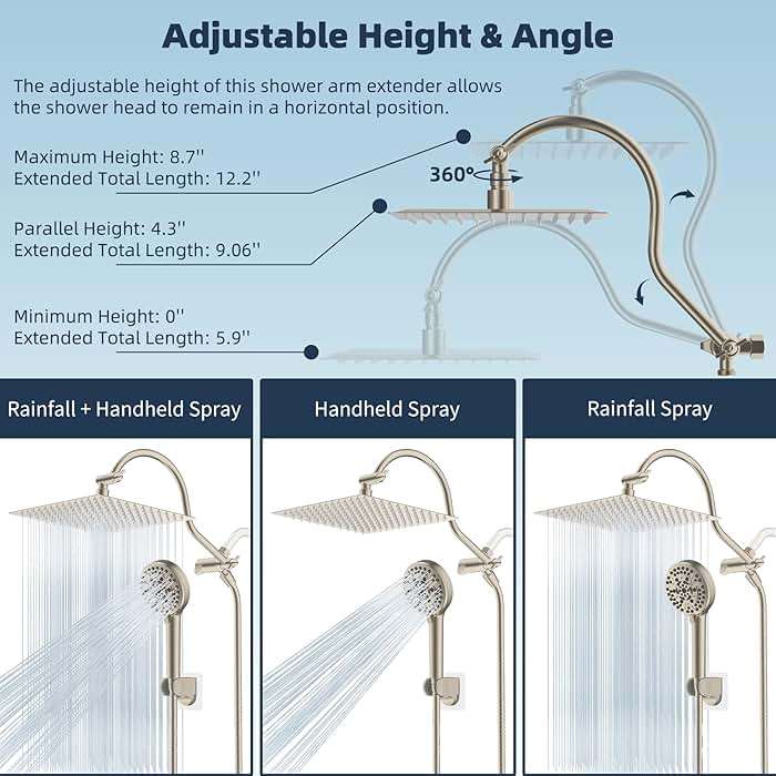 Hibbent 12'' All Metal Shower Head, High Pressure Rainfall Shower Head/Handheld Showerhead Combo/ 12'' Adjustable Curved Shower Extension Arm, 10-Spray, 71'' Adhesive Showerhead Holder, Brushed Nickel - Image 8