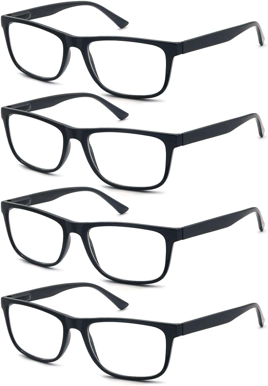 OLOMEE Wide Black Reading Glasses for Men +1.75 Large Oversized Readers Lightweight Square Eyeglasses for Reading for Big Head 4 Pack Spring Hinge Comfortable Fit - Image 1