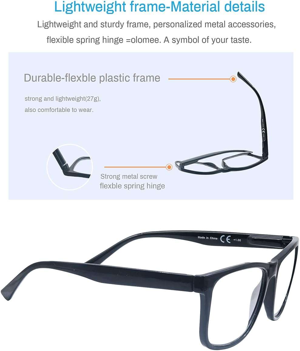 OLOMEE Wide Black Reading Glasses for Men +1.75 Large Oversized Readers Lightweight Square Eyeglasses for Reading for Big Head 4 Pack Spring Hinge Comfortable Fit - Image 4