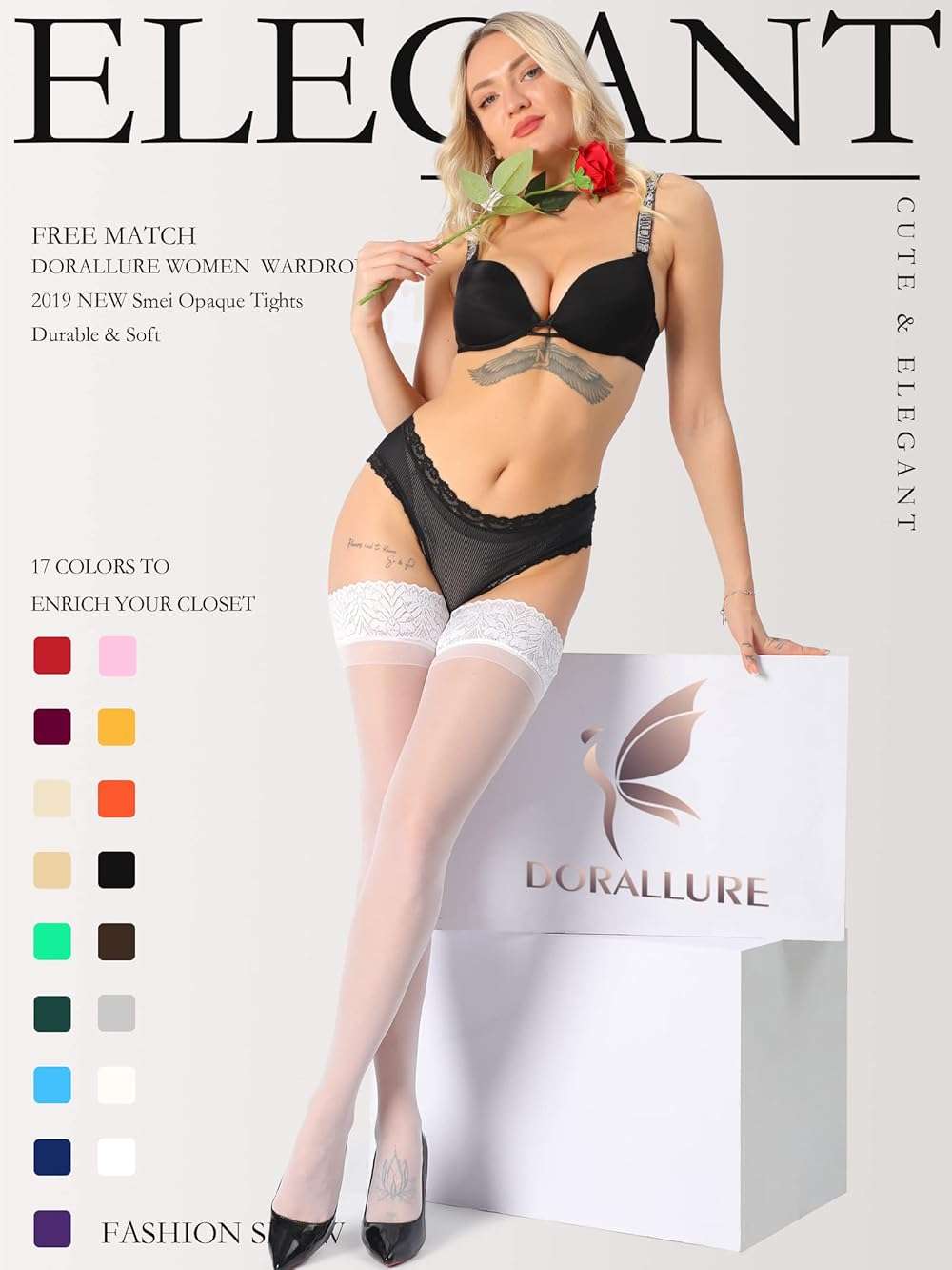 DORALLURE Thigh High Stockings Silicone Lace Top Stay Up Silky Semi Sheer Pantyhose for Women Hold Up Nylon - Image 2