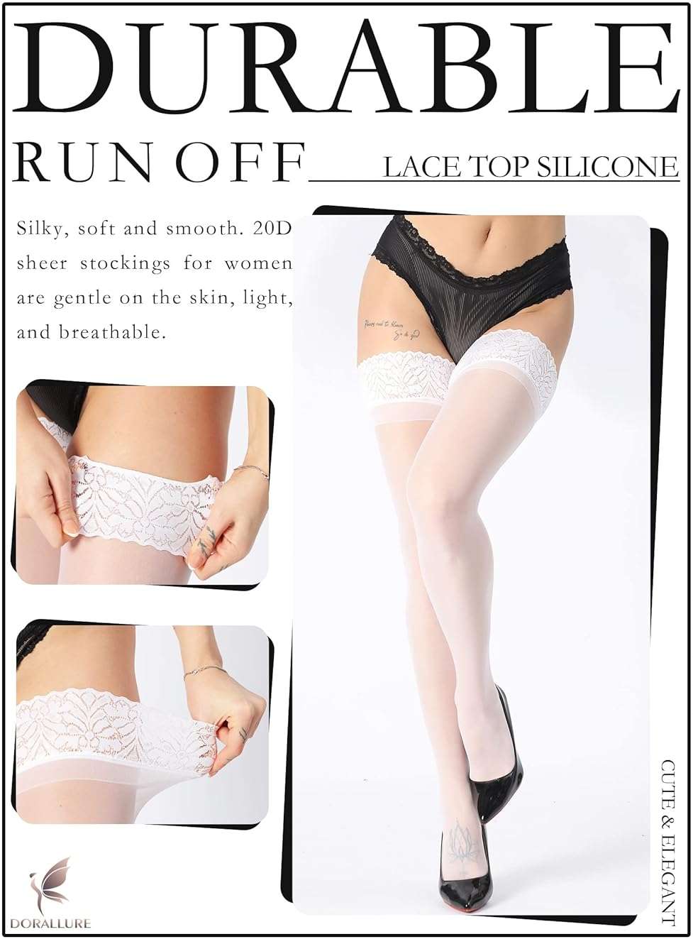 DORALLURE Thigh High Stockings Silicone Lace Top Stay Up Silky Semi Sheer Pantyhose for Women Hold Up Nylon - Image 3