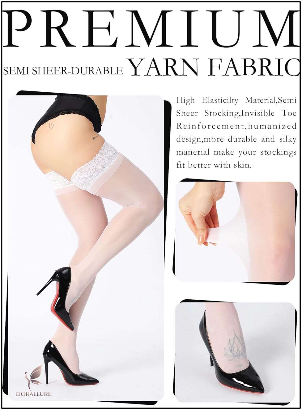 DORALLURE Thigh High Stockings Silicone Lace Top Stay Up Silky Semi Sheer Pantyhose for Women Hold Up Nylon - Image 4