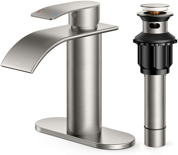 FORIOUS Waterfall Bathroom Faucet 1 Hole, Brushed Nickel Single Handle Bathroom Sink Faucets for 1 or 3 Hole with Deck Plate, Pop up Drain, cUPC Hoses for Vanity, Basin, Rv, Lavatory Sink - Image 1