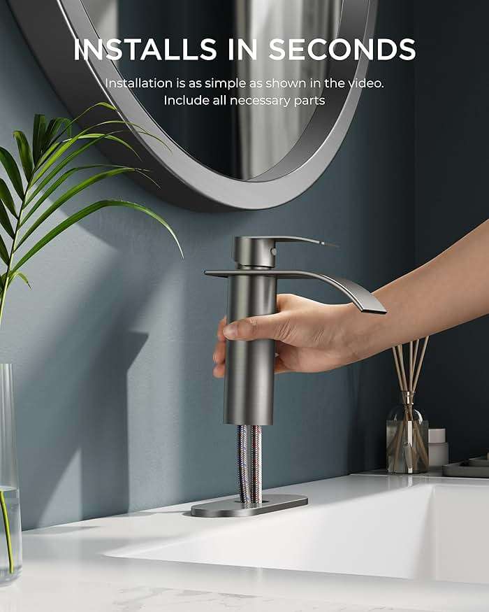 FORIOUS Waterfall Bathroom Faucet 1 Hole, Brushed Nickel Single Handle Bathroom Sink Faucets for 1 or 3 Hole with Deck Plate, Pop up Drain, cUPC Hoses for Vanity, Basin, Rv, Lavatory Sink - Image 5