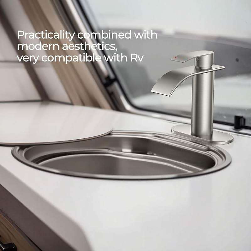 FORIOUS Waterfall Bathroom Faucet 1 Hole, Brushed Nickel Single Handle Bathroom Sink Faucets for 1 or 3 Hole with Deck Plate, Pop up Drain, cUPC Hoses for Vanity, Basin, Rv, Lavatory Sink - Image 6