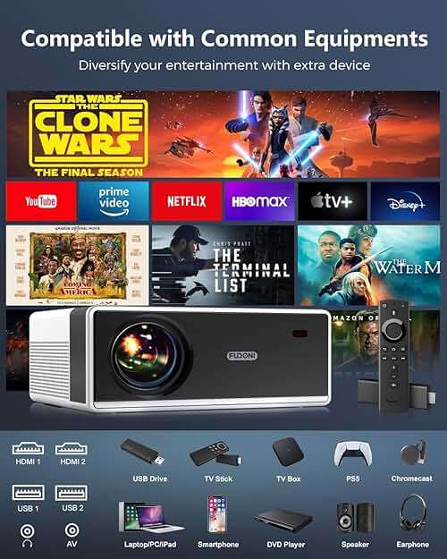 FUDONI Projector with WiFi and Bluetooth 4K Support, 300ANSI Outdoor Indoor Projector FHD 1080P Max 300" Display, Movie Video Home Theater Projector Compatible w/HDMI/USB/Phone/Laptop/TV Stick - Image 5