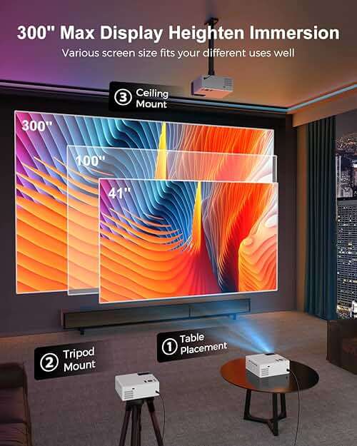 FUDONI Projector with WiFi and Bluetooth 4K Support, 300ANSI Outdoor Indoor Projector FHD 1080P Max 300" Display, Movie Video Home Theater Projector Compatible w/HDMI/USB/Phone/Laptop/TV Stick - Image 7