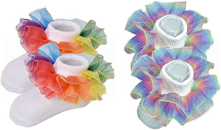 Hopply Toddler Girls Double Lace Socks Turn Cuff Shimmering Big Ruffle Rainbow Style Dress Lace Socks for Infant Kids - Image 1
