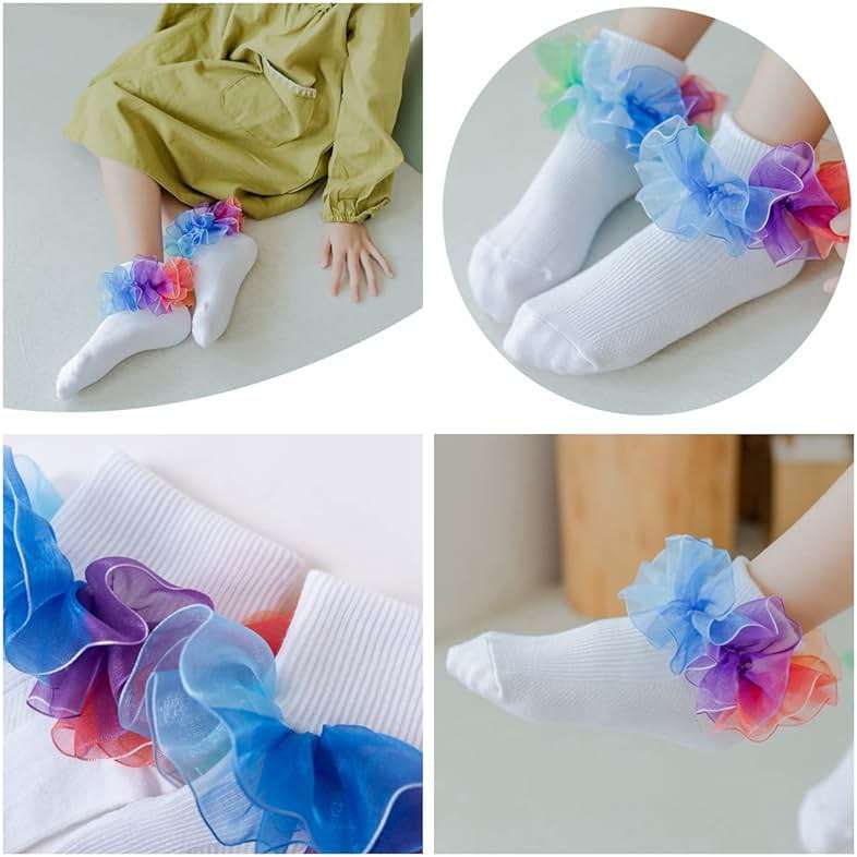 Hopply Toddler Girls Double Lace Socks Turn Cuff Shimmering Big Ruffle Rainbow Style Dress Lace Socks for Infant Kids - Image 5