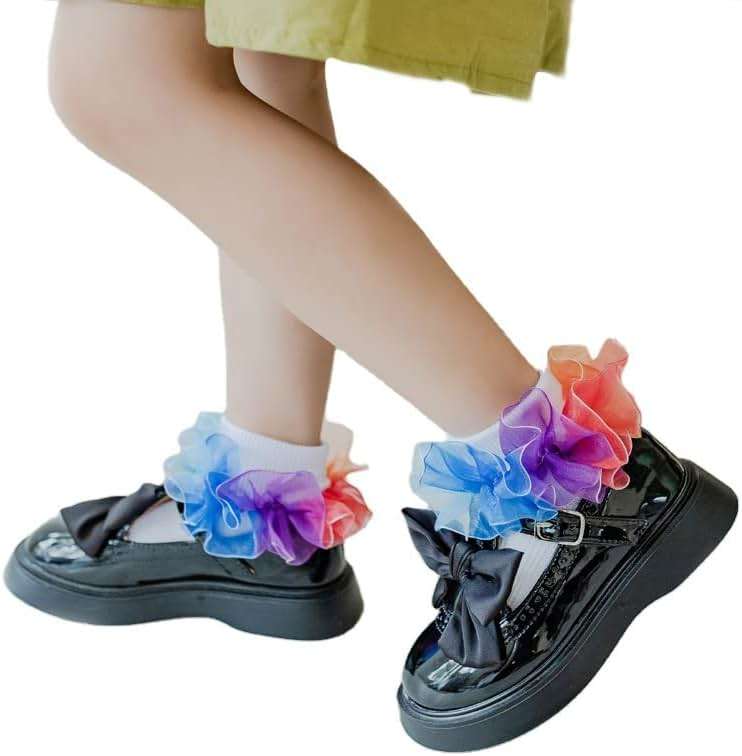 Hopply Toddler Girls Double Lace Socks Turn Cuff Shimmering Big Ruffle Rainbow Style Dress Lace Socks for Infant Kids - Image 7
