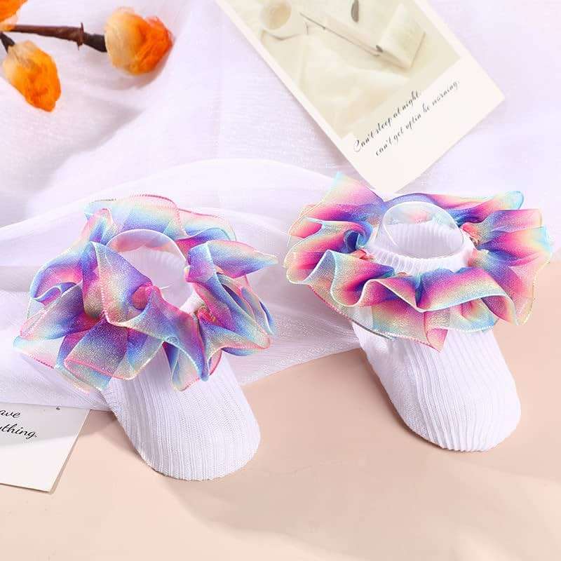 Hopply Toddler Girls Double Lace Socks Turn Cuff Shimmering Big Ruffle Rainbow Style Dress Lace Socks for Infant Kids - Image 8