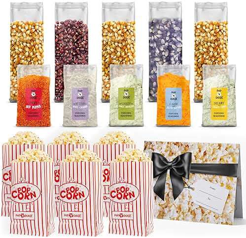Pop n' Dulge Popcorn Movie Night Supplies 16 pcs Gift Set, 5 Gourmet Popcorn Kernels, 5 Seasoning Variety Packs Non-GMO Kosher Snacks, Great Housewarming Family Date Night Gifts Basket Ideas For Him Her - Image 5