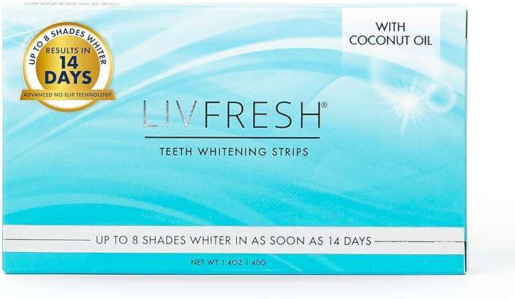 LIVFRESH Teeth Whitening Strips, 28 Strips, 14 Treatments, Great for Sensitive Teeth, Results in 14 Days, Enamel Safe, Coconut Oil & Hydrogen Peroxide, No Slip Teeth Whitener - Image 1