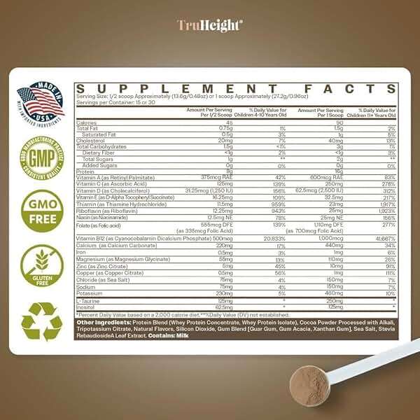 TruHeight Growth Protein Shake (Chocolate Milk Flavor, Whey) Tall Nutrition for Natural Growth & Development - Protein Powder for Kids & Teens, Weight Gain Drinks - Picky Eater Vitamin, Taller Ages 4+ - Image 4