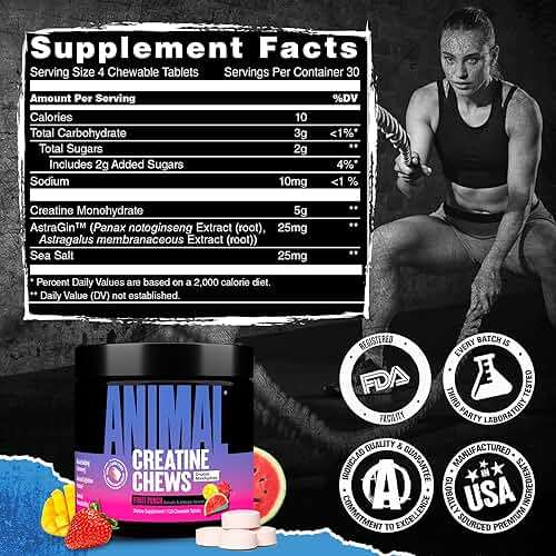 Animal Creatine Chews Tablets - Enhanced Creatine Monohydrate with AstraGin to Improve Absorption, Sea Salt for Added Pumps, Delicious and Convenient Chewable Tablets - Fruit Punch - Image 7