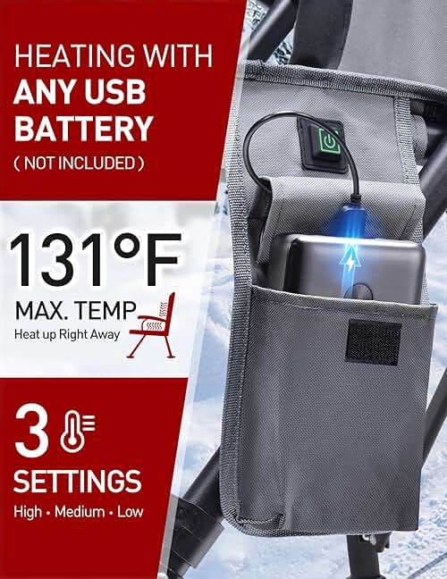 Docusvect Heated Camping Chair for Adults, Heats Back and Seat, 3 Heat Levels, Fully Padded Heated Folding Chair for Outdoor Sports with Cup Holder, Rich Pockets, Battery NOT Included - Image 3