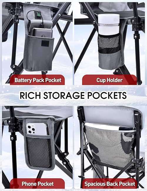 Docusvect Heated Camping Chair for Adults, Heats Back and Seat, 3 Heat Levels, Fully Padded Heated Folding Chair for Outdoor Sports with Cup Holder, Rich Pockets, Battery NOT Included - Image 4