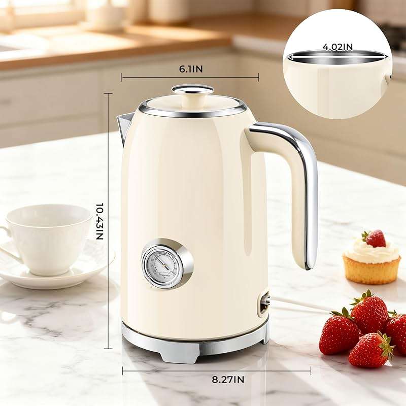 SUSTEAS Electric Kettle - 57oz Hot Tea Kettle Water Boiler with Thermometer, 1500W Fast Heating Stainless Steel Tea Pot, Cordless with LED Indicator, Auto Shut-Off & Boil Dry Protection, Beige - Image 3