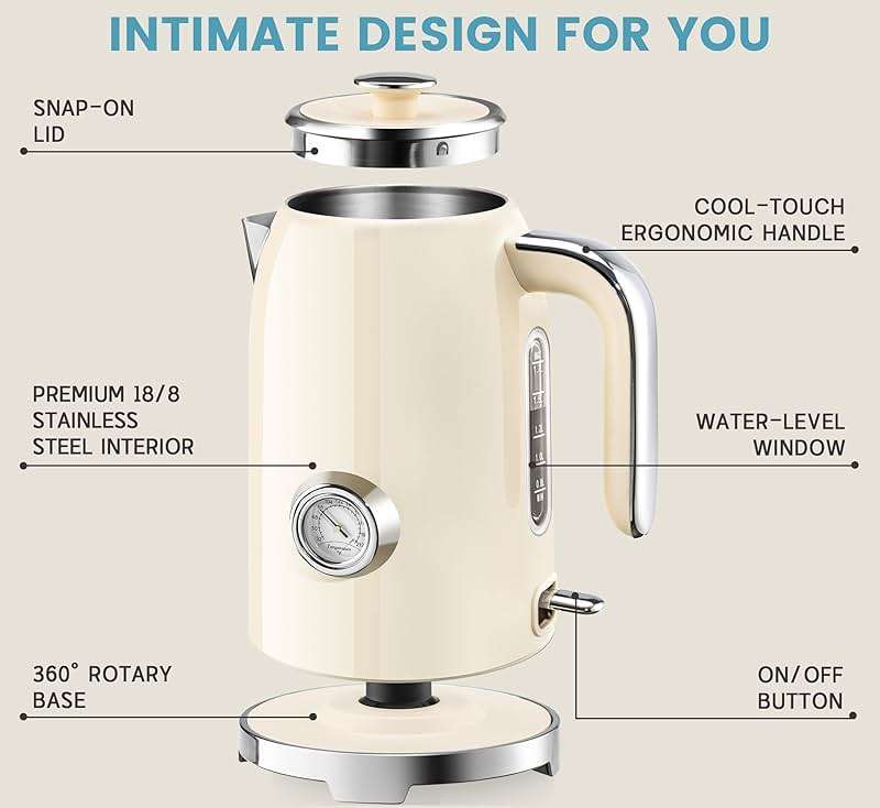 SUSTEAS Electric Kettle - 57oz Hot Tea Kettle Water Boiler with Thermometer, 1500W Fast Heating Stainless Steel Tea Pot, Cordless with LED Indicator, Auto Shut-Off & Boil Dry Protection, Beige - Image 4