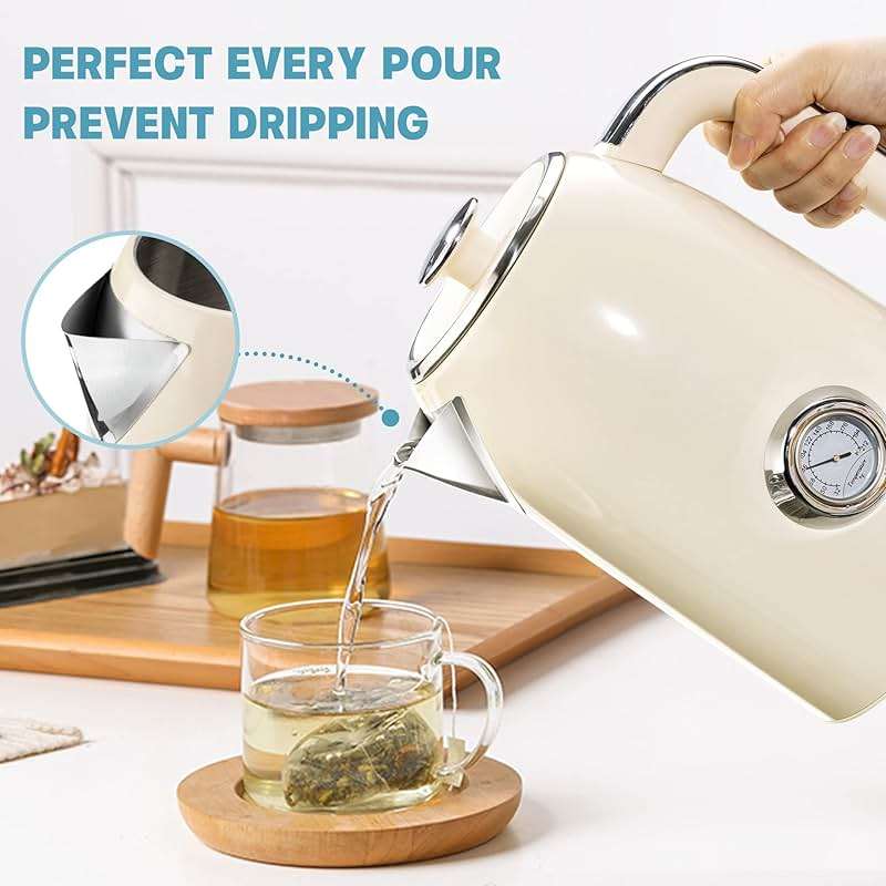 SUSTEAS Electric Kettle - 57oz Hot Tea Kettle Water Boiler with Thermometer, 1500W Fast Heating Stainless Steel Tea Pot, Cordless with LED Indicator, Auto Shut-Off & Boil Dry Protection, Beige - Image 5