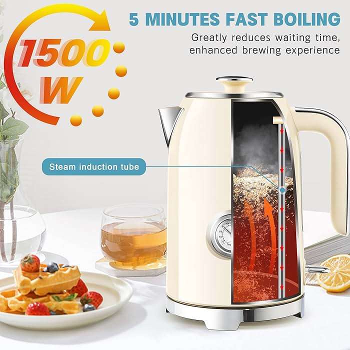 SUSTEAS Electric Kettle - 57oz Hot Tea Kettle Water Boiler with Thermometer, 1500W Fast Heating Stainless Steel Tea Pot, Cordless with LED Indicator, Auto Shut-Off & Boil Dry Protection, Beige - Image 6