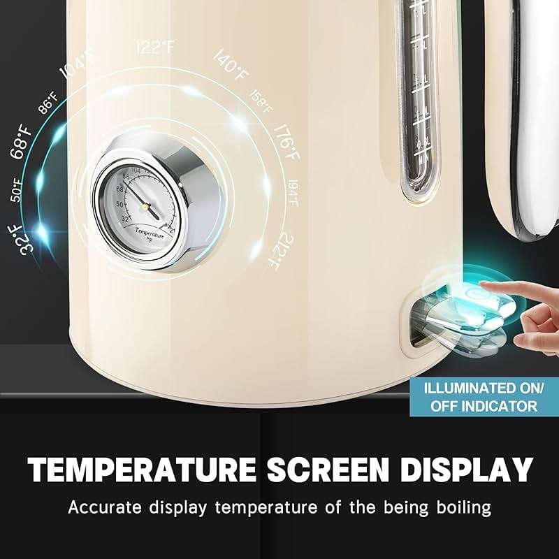 SUSTEAS Electric Kettle - 57oz Hot Tea Kettle Water Boiler with Thermometer, 1500W Fast Heating Stainless Steel Tea Pot, Cordless with LED Indicator, Auto Shut-Off & Boil Dry Protection, Beige - Image 8