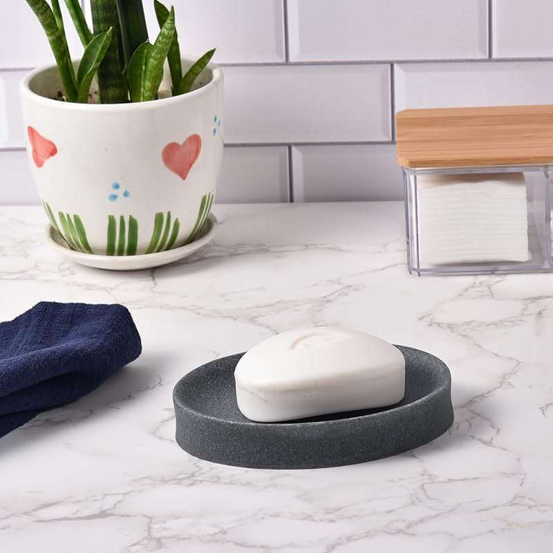 IMEEA Oval Resin Soap Dish for Bathroom Sink Stone-Look Soap Tray Holder for Bar Soap, Sponge or Shampoo Bar (Grey) - Image 2