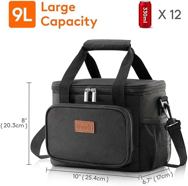 Lifewit Medium Lunch Bag, Insulated Lunch Box, Soft Cooler Cooling Tote for Adult Men Women, Black 12-Can (9L) - Image 5